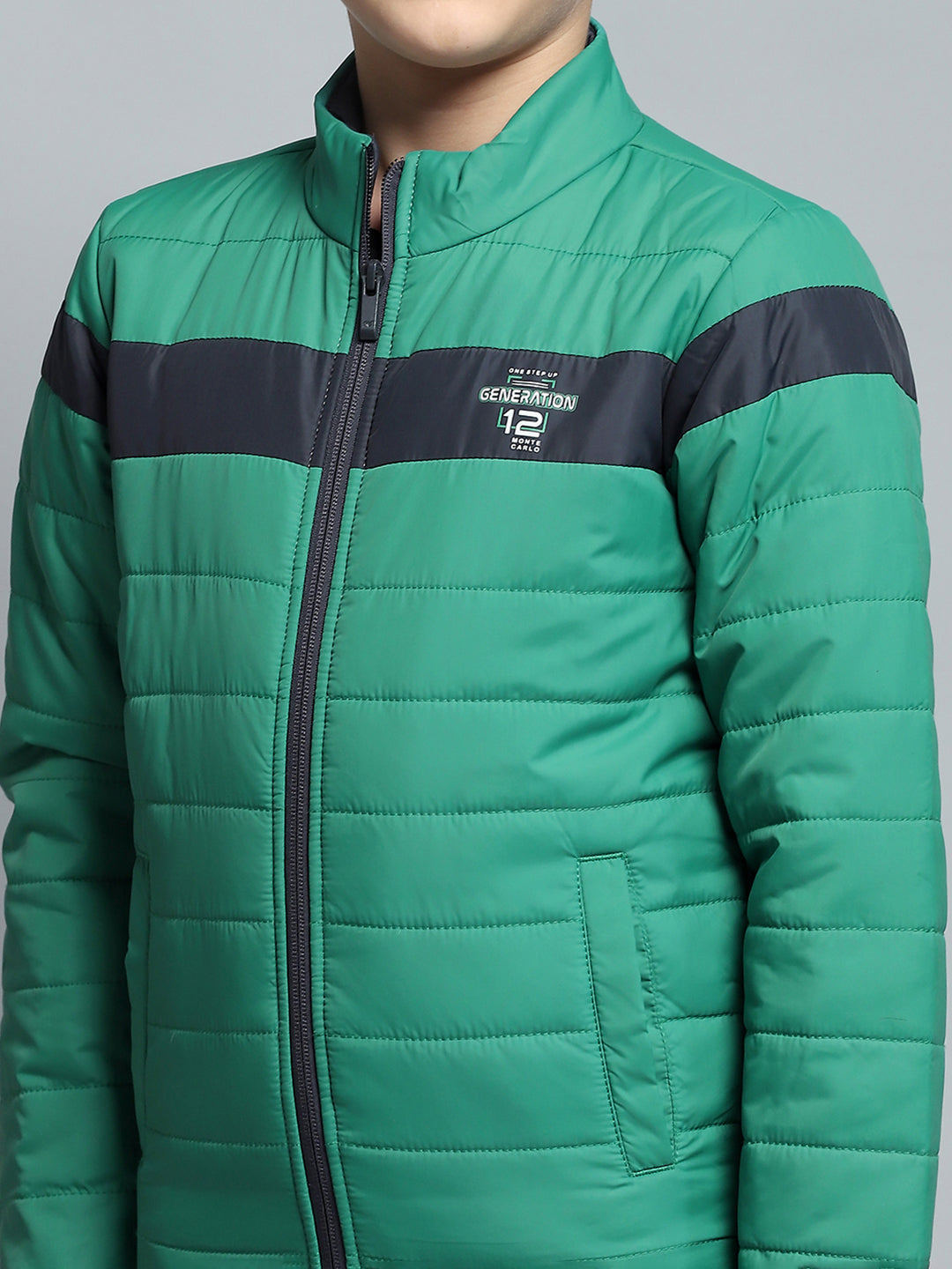 Boys Green Printed Mock Neck Full Sleeve Jacket