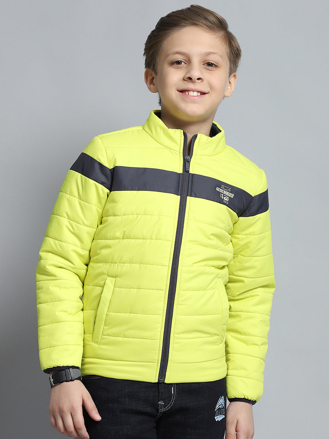 Boys Yellow Printed Mock Neck Full Sleeve Jacket