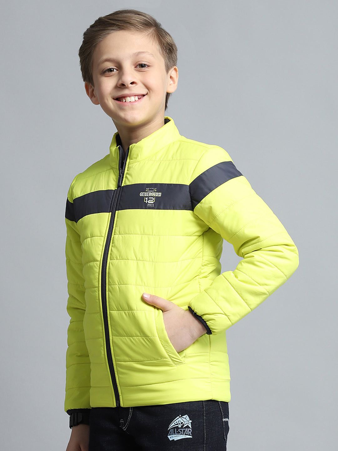 Boys Yellow Printed Mock Neck Full Sleeve Jacket