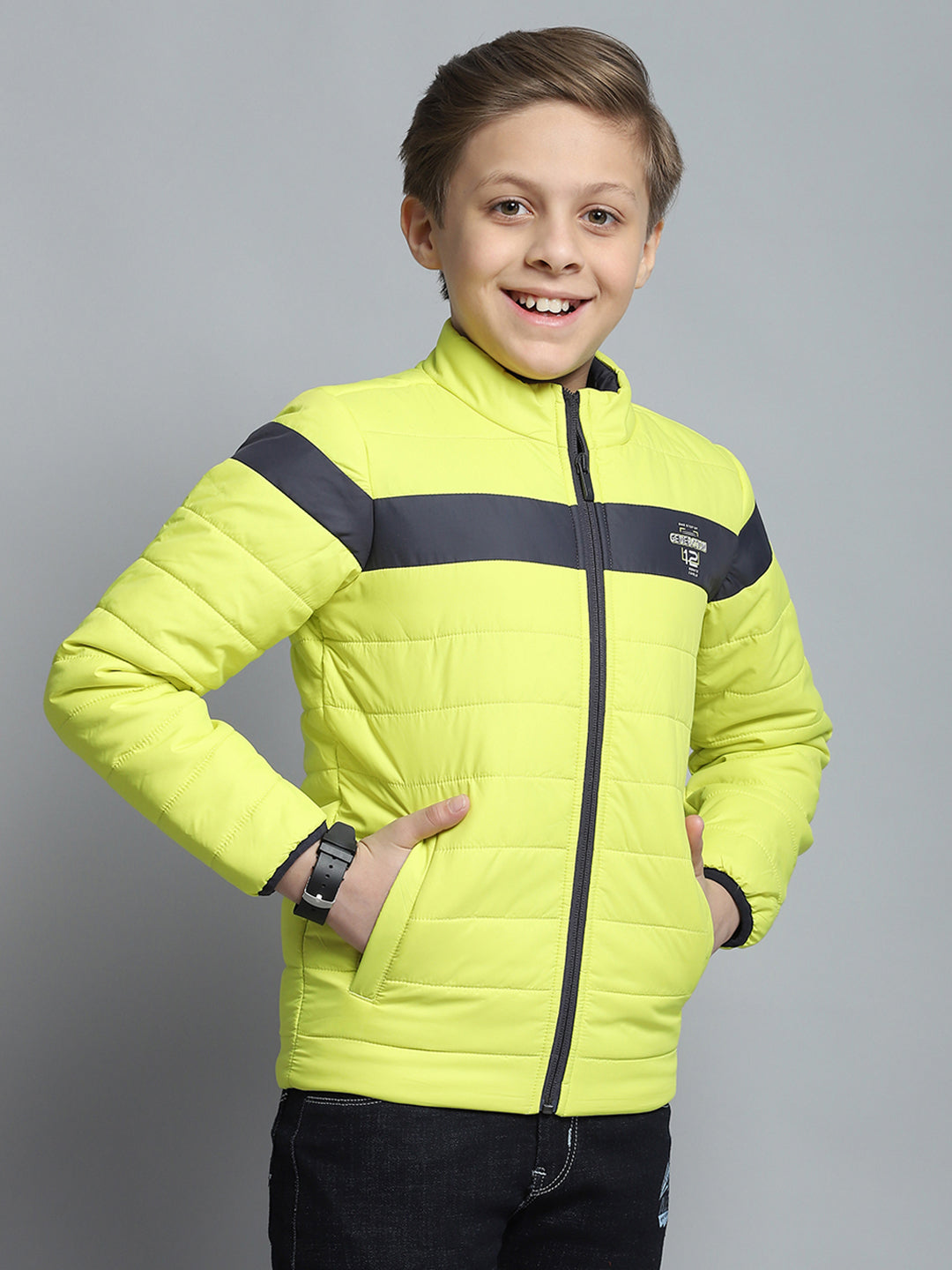 Boys Yellow Printed Mock Neck Full Sleeve Jacket