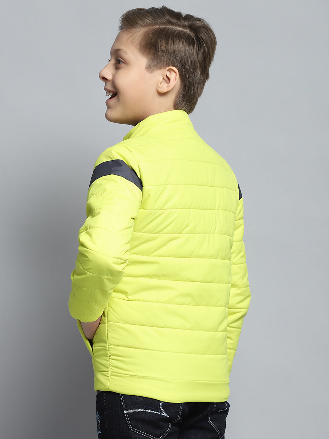 Boys Yellow Printed Mock Neck Full Sleeve Jacket