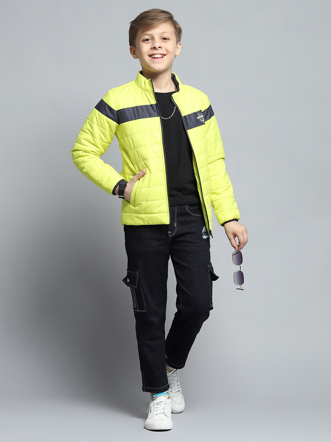 Boys Yellow Printed Mock Neck Full Sleeve Jacket