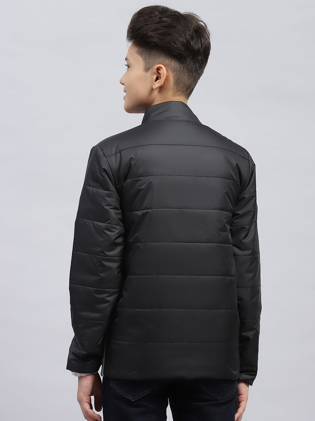 Boys Black Printed Mock Neck Full Sleeve Jacket