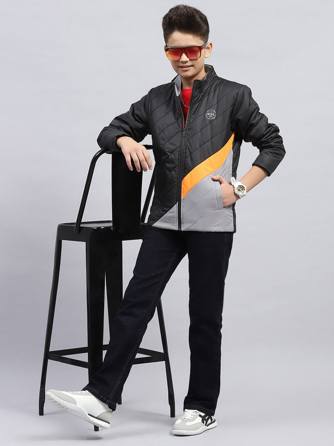 Boys Black Printed Mock Neck Full Sleeve Jacket