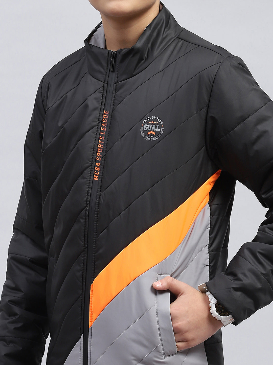 Boys Black Printed Mock Neck Full Sleeve Jacket