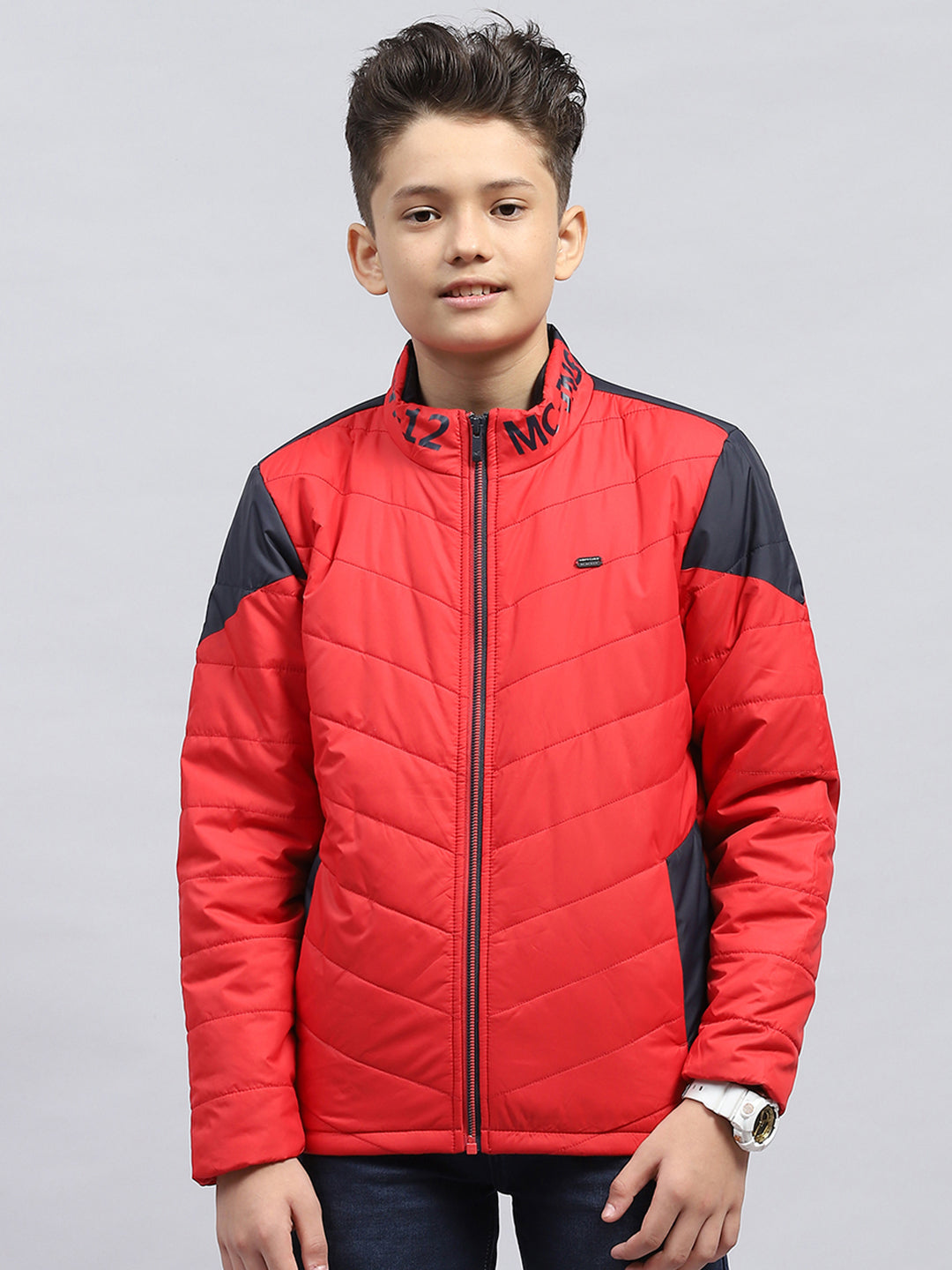 Boys Red Solid Mock Neck Full Sleeve Jacket