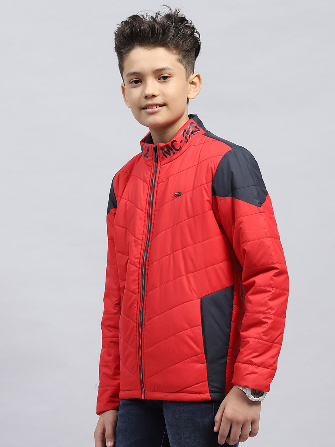 Boys Red Solid Mock Neck Full Sleeve Jacket