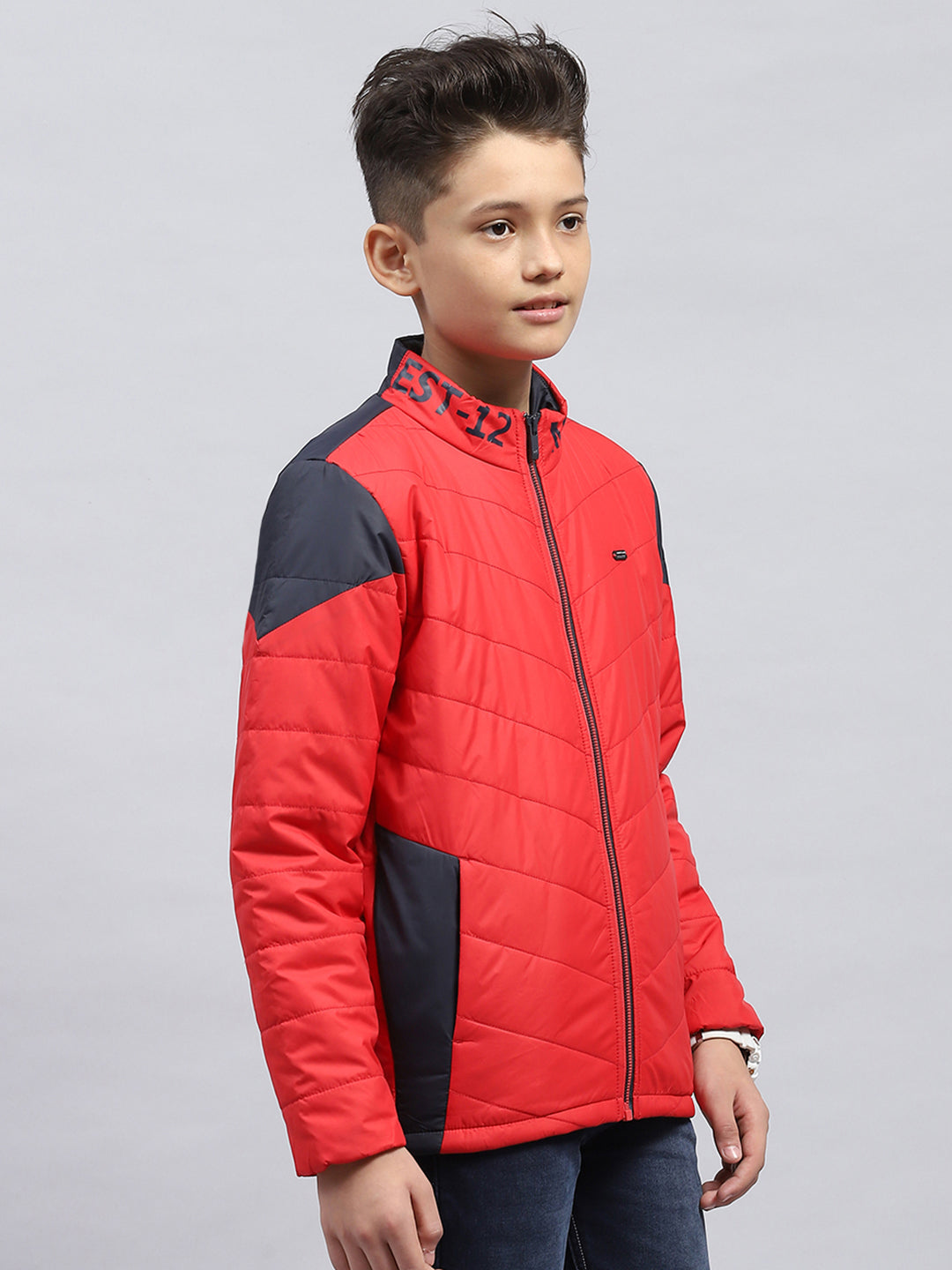 Boys Red Solid Mock Neck Full Sleeve Jacket