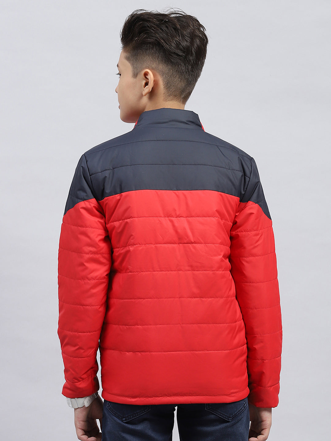 Boys Red Solid Mock Neck Full Sleeve Jacket