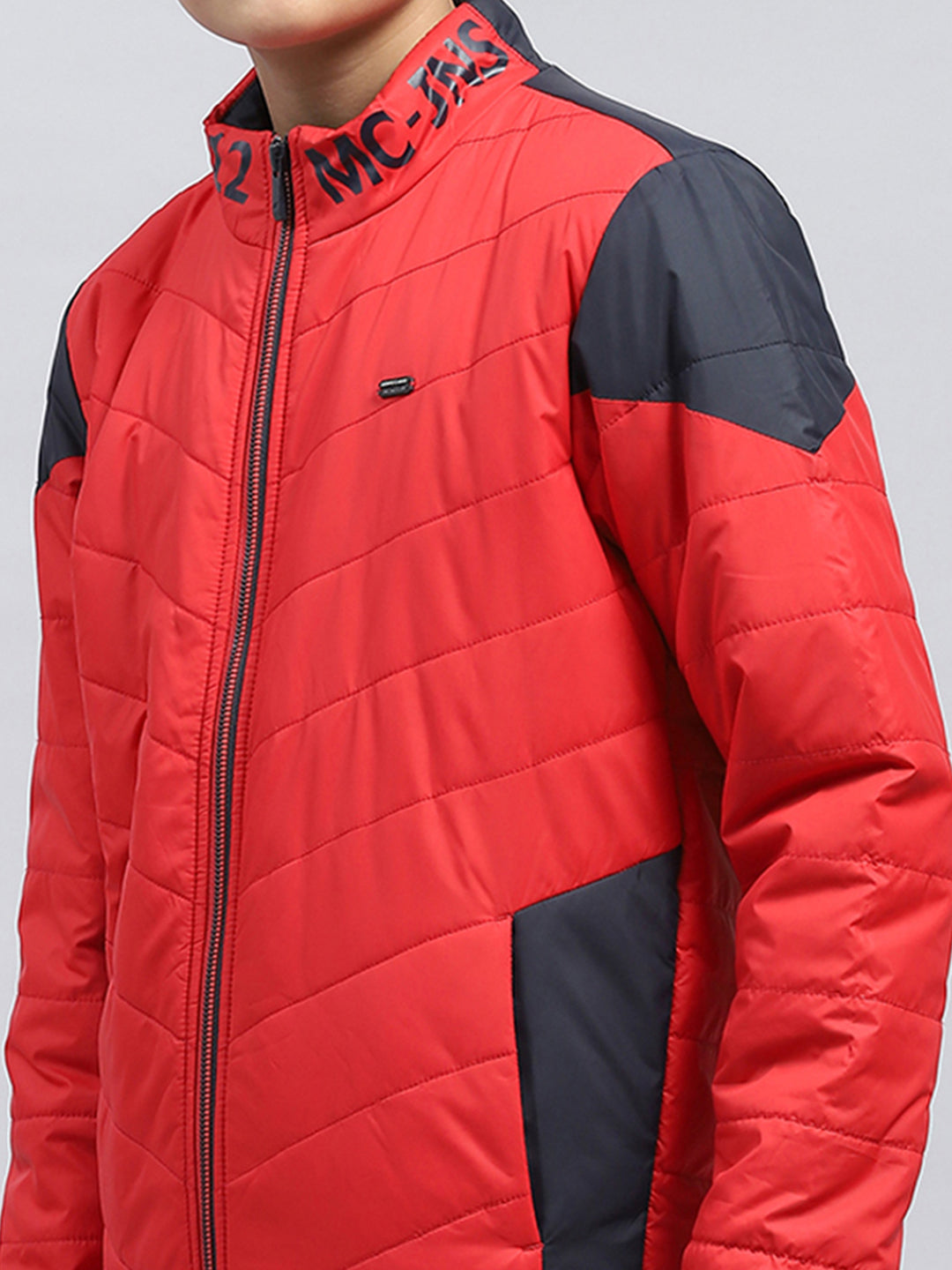 Boys Red Solid Mock Neck Full Sleeve Jacket