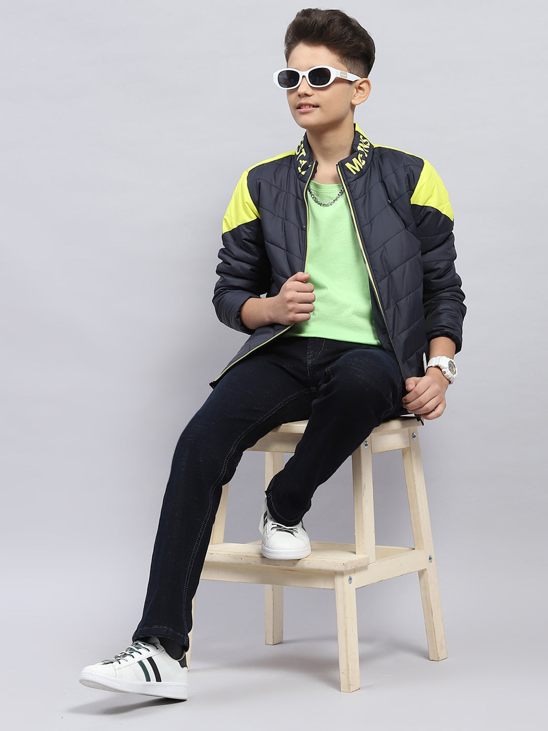 Boys Black Solid Mock Neck Full Sleeve Jacket