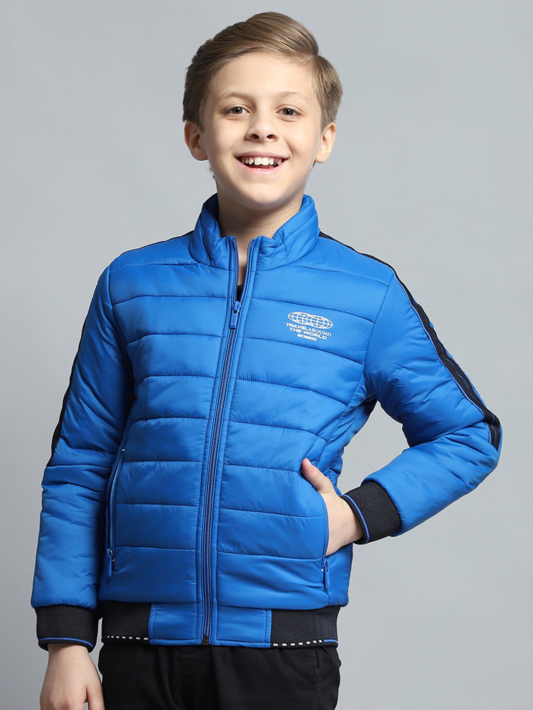 Boys Blue Printed Mock Neck Full Sleeve Jacket