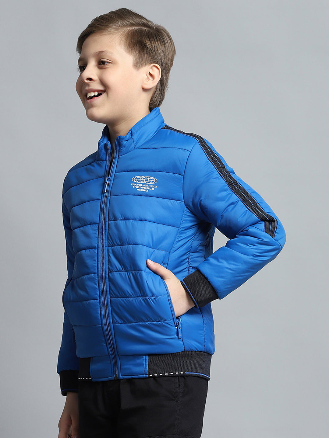 Boys Blue Printed Mock Neck Full Sleeve Jacket