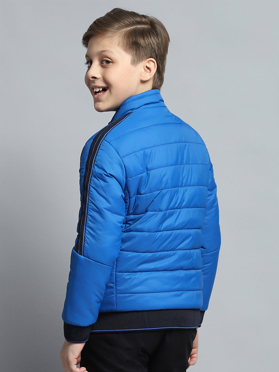 Boys Blue Printed Mock Neck Full Sleeve Jacket