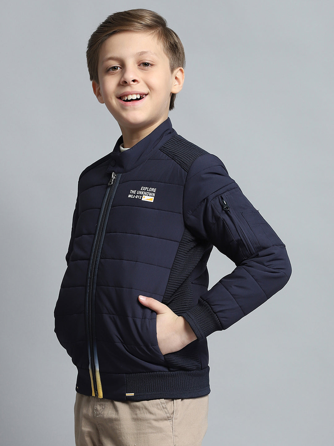 Boys Navy Blue Printed Mock Neck Full Sleeve Jacket