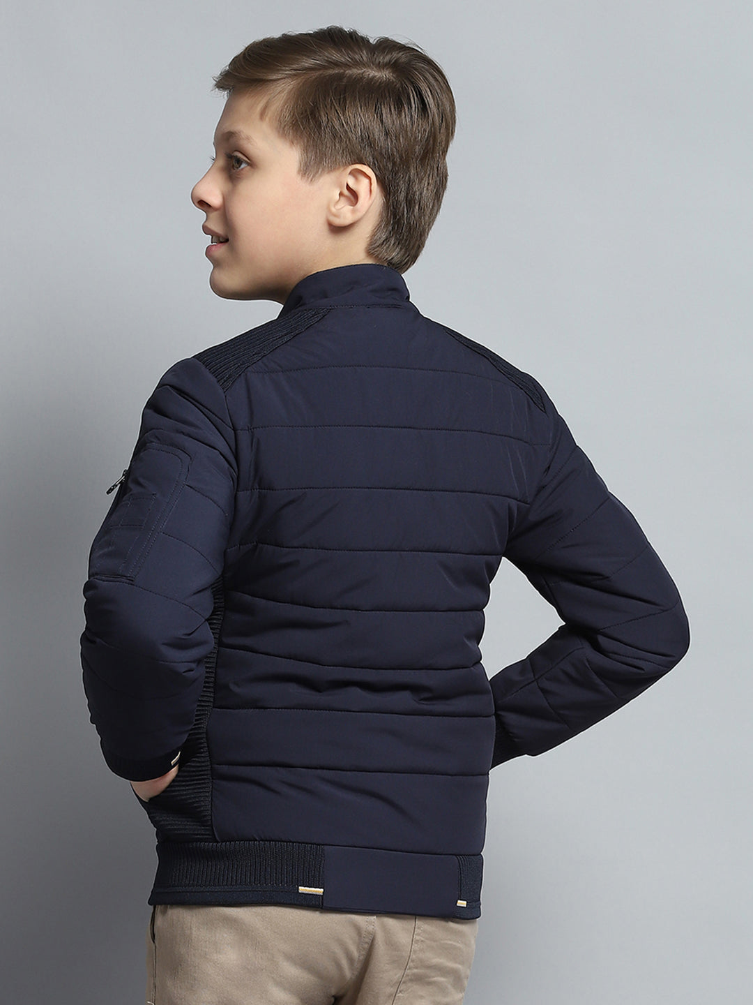 Boys Navy Blue Printed Mock Neck Full Sleeve Jacket