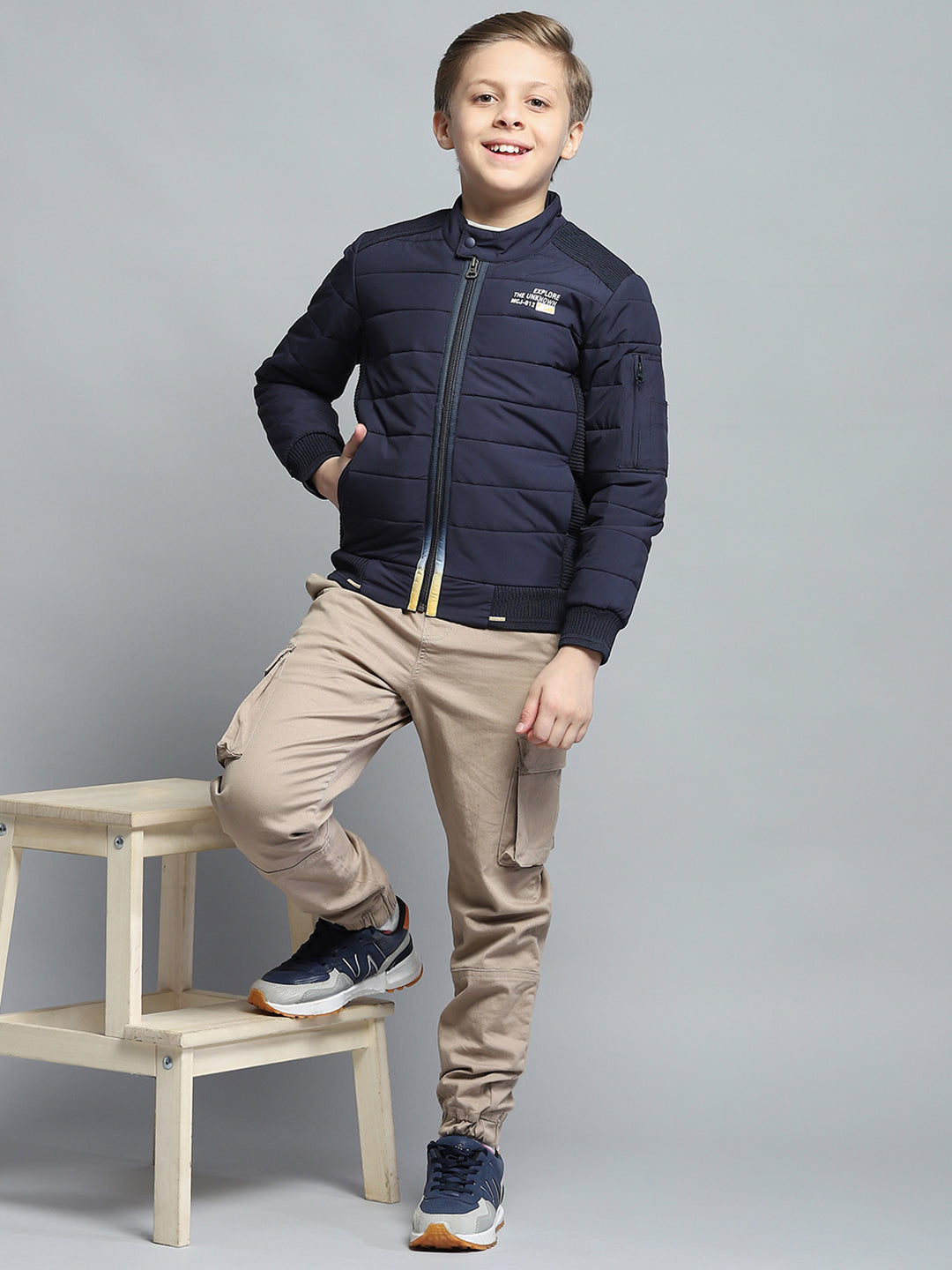 Boys Navy Blue Printed Mock Neck Full Sleeve Jacket