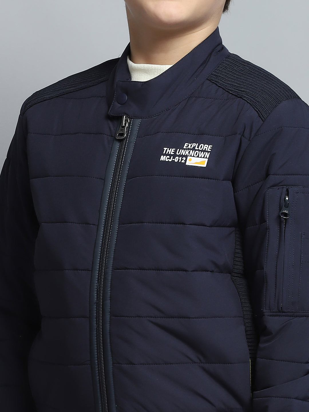 Boys Navy Blue Printed Mock Neck Full Sleeve Jacket