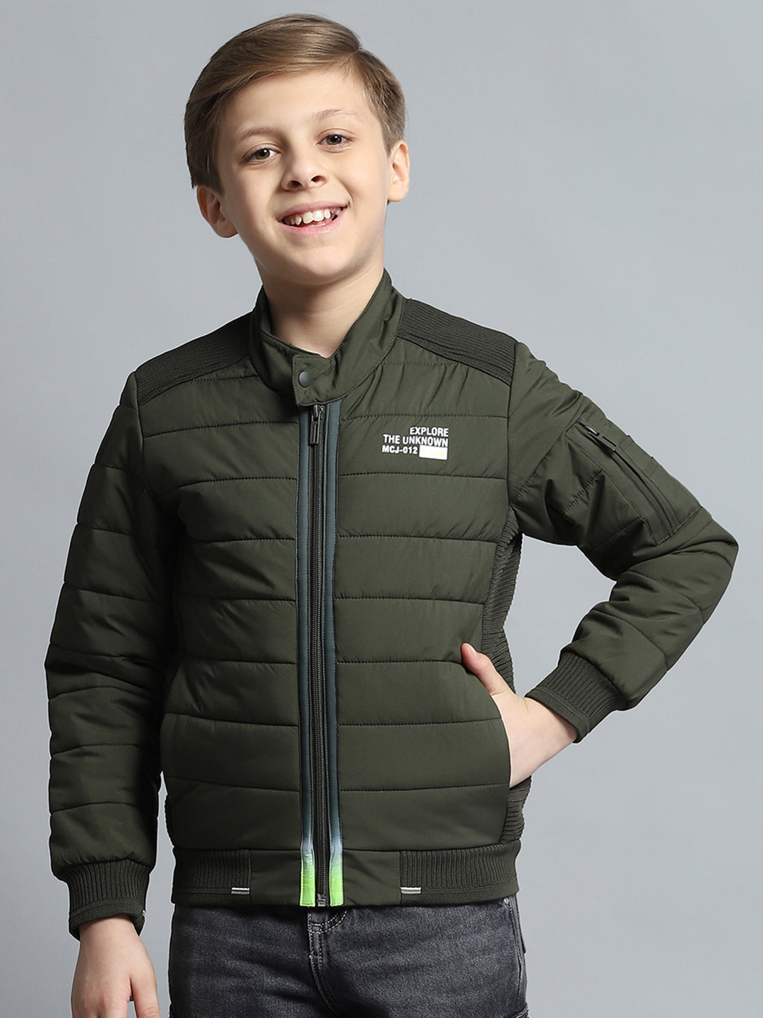 Boys Olive Printed Mock Neck Full Sleeve Jacket