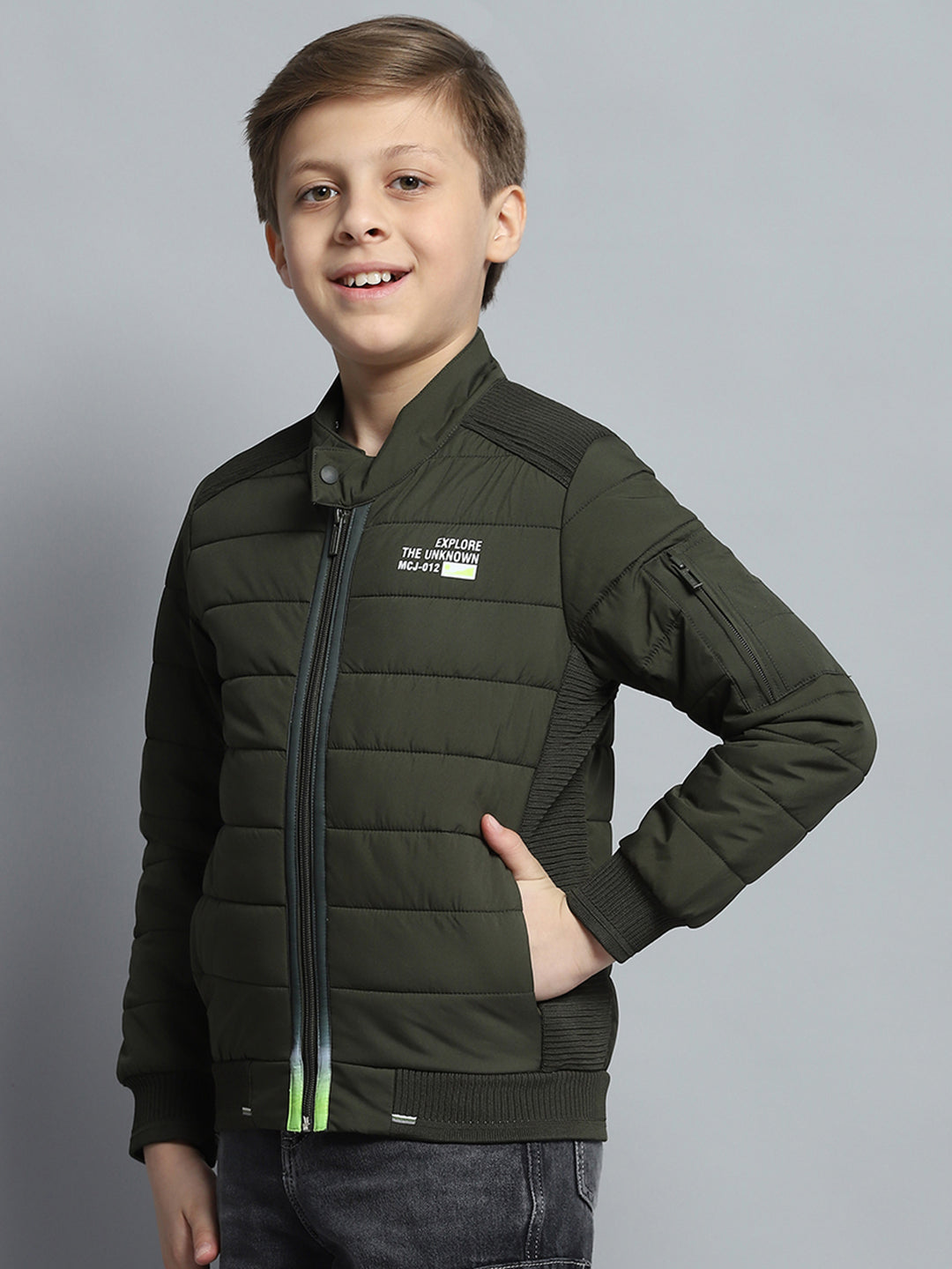 Boys Olive Printed Mock Neck Full Sleeve Jacket