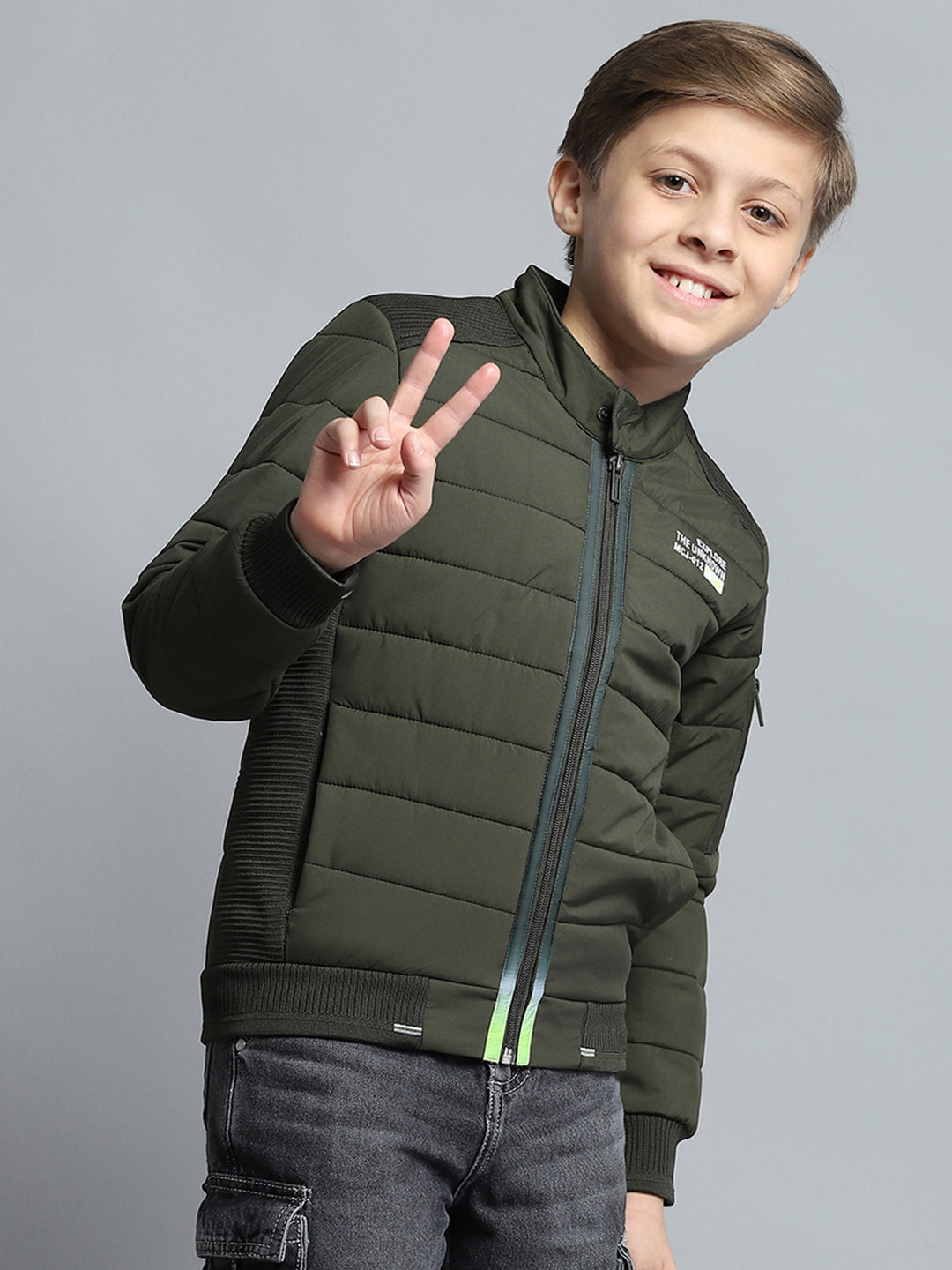 Boys Olive Printed Mock Neck Full Sleeve Jacket