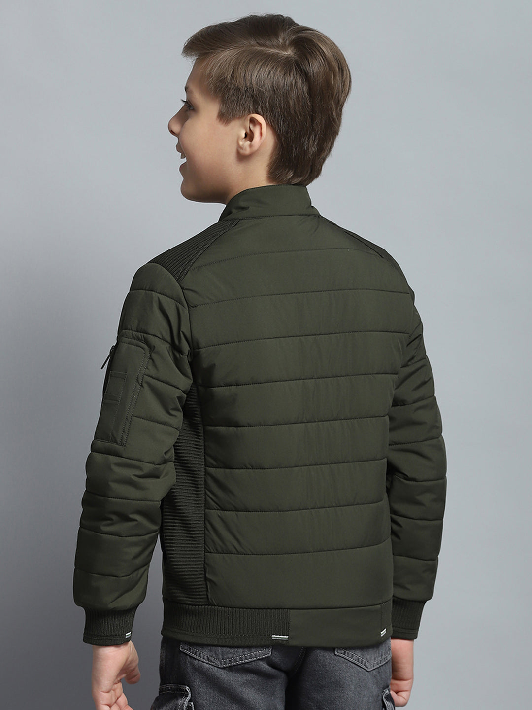 Boys Olive Printed Mock Neck Full Sleeve Jacket