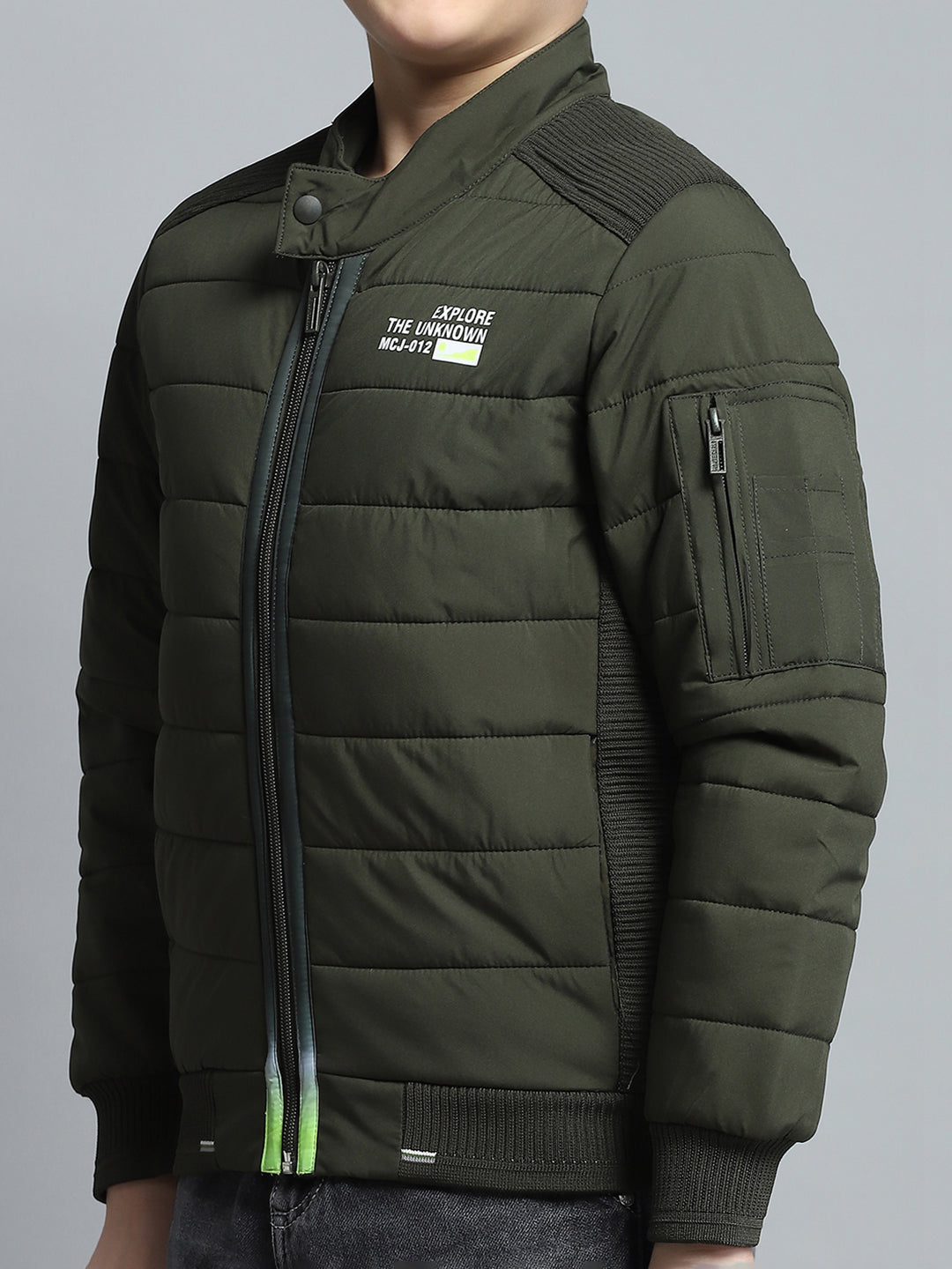 Boys Olive Printed Mock Neck Full Sleeve Jacket