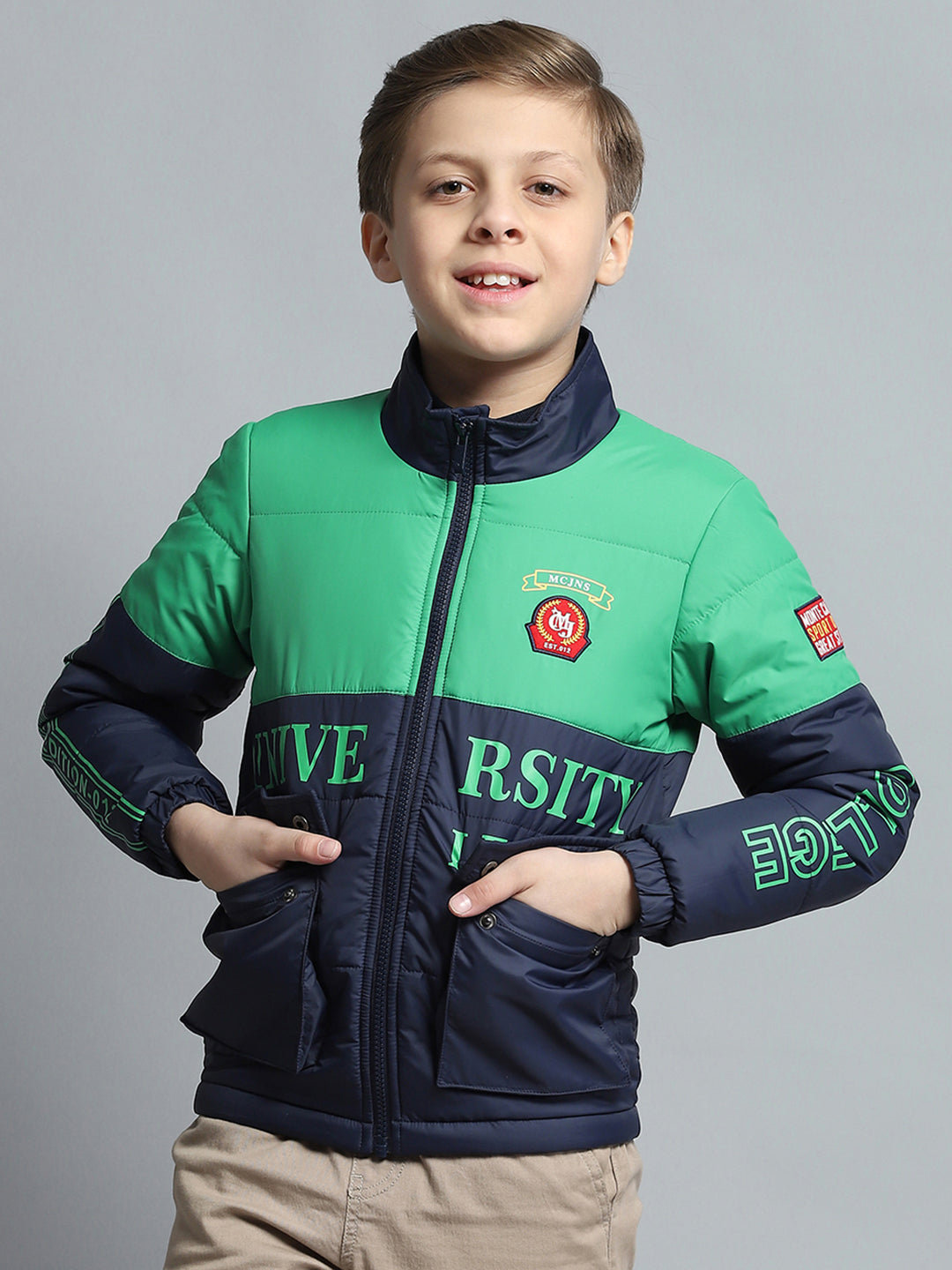 Boys Navy Blue Printed Mock Neck Full Sleeve Jacket