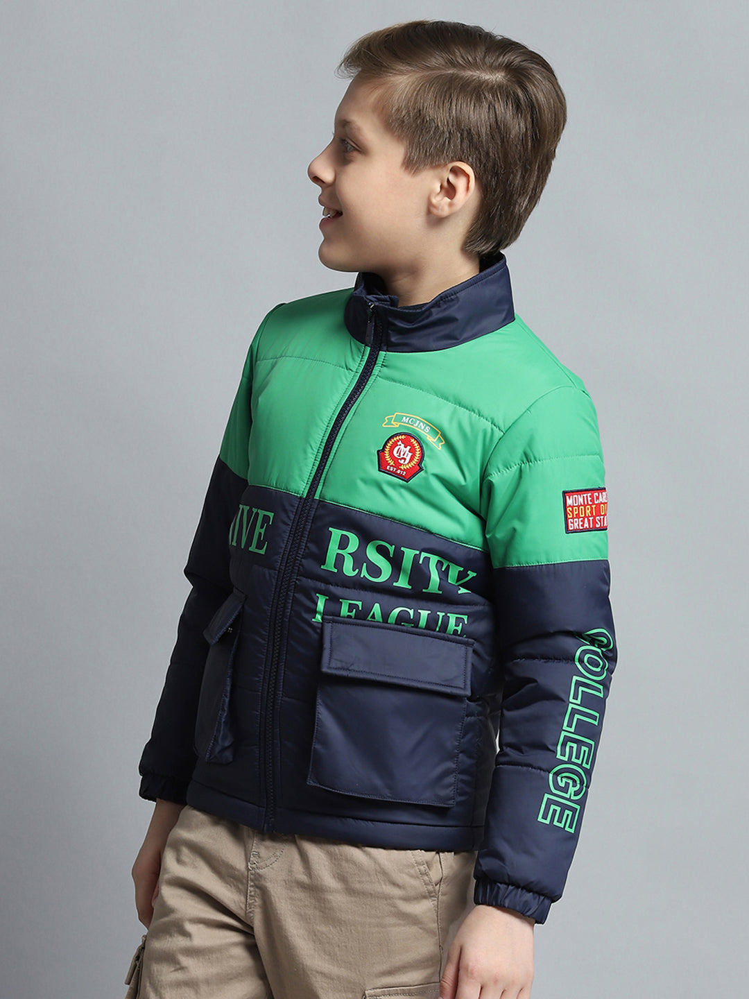 Boys Navy Blue Printed Mock Neck Full Sleeve Jacket