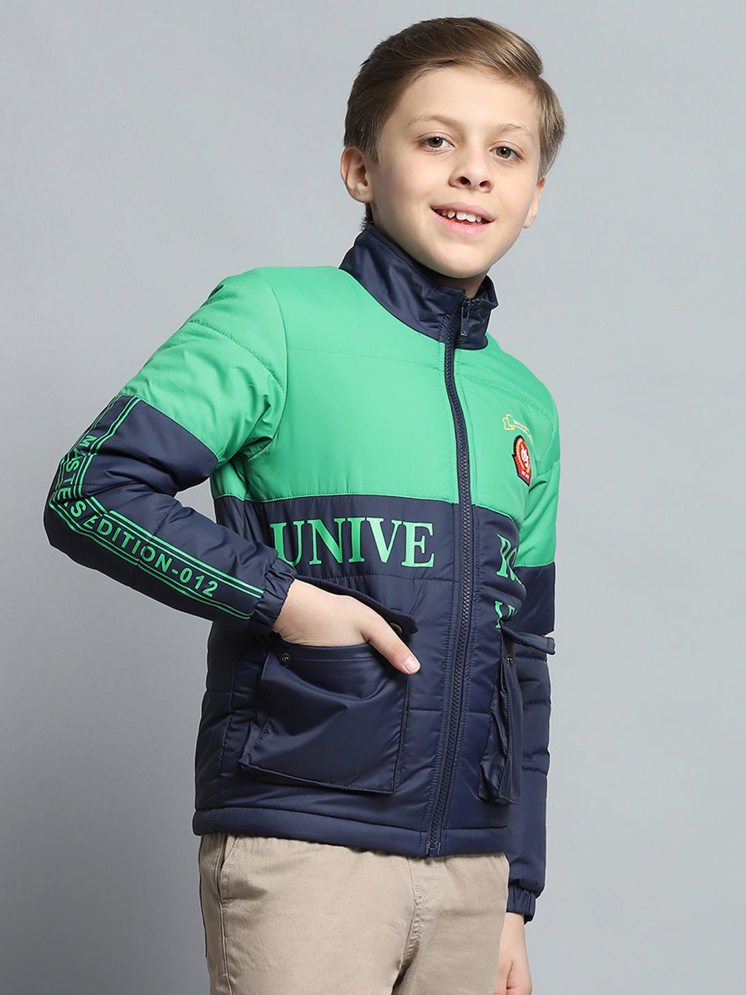 Boys Navy Blue Printed Mock Neck Full Sleeve Jacket