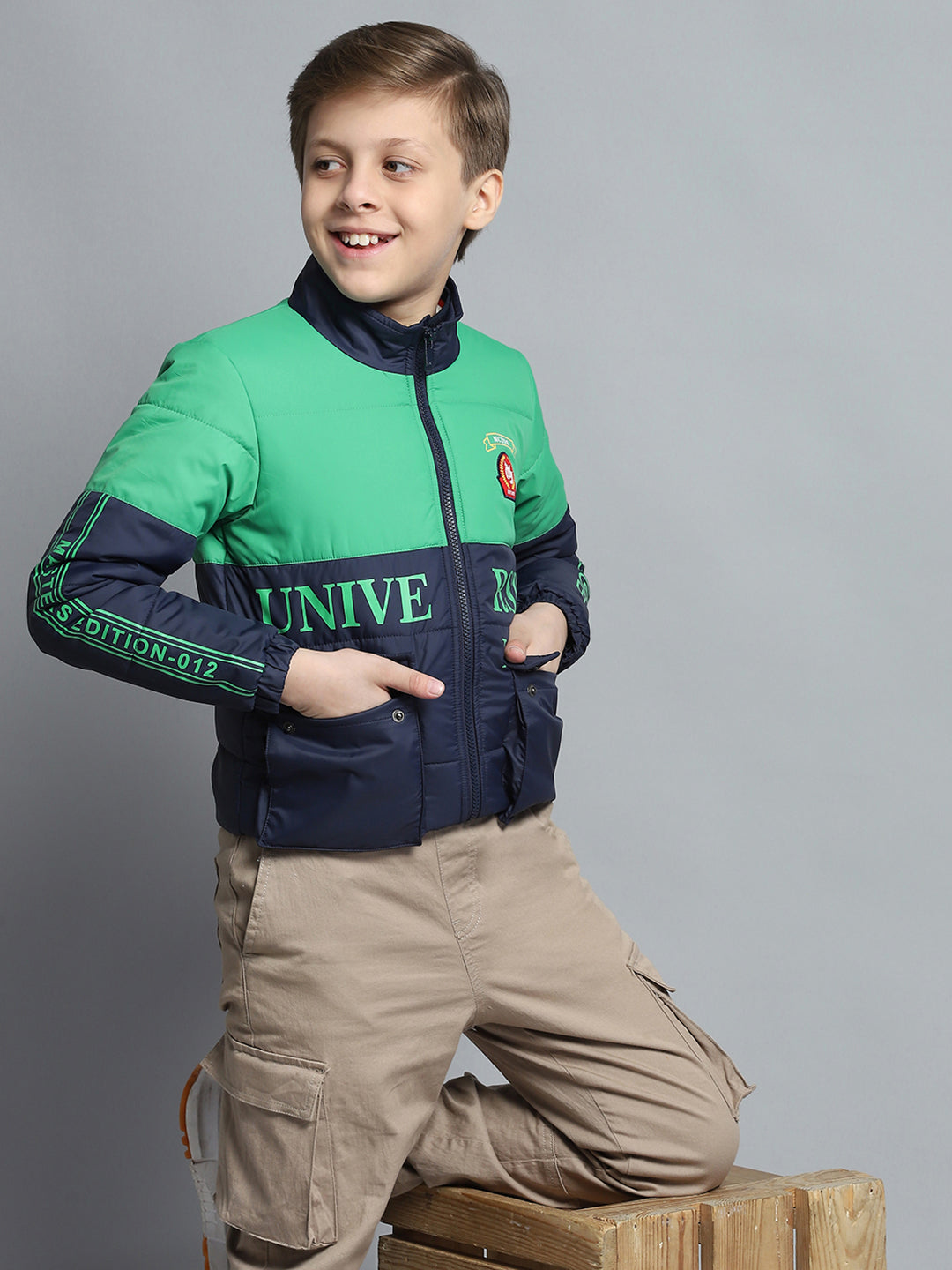 Boys Navy Blue Printed Mock Neck Full Sleeve Jacket