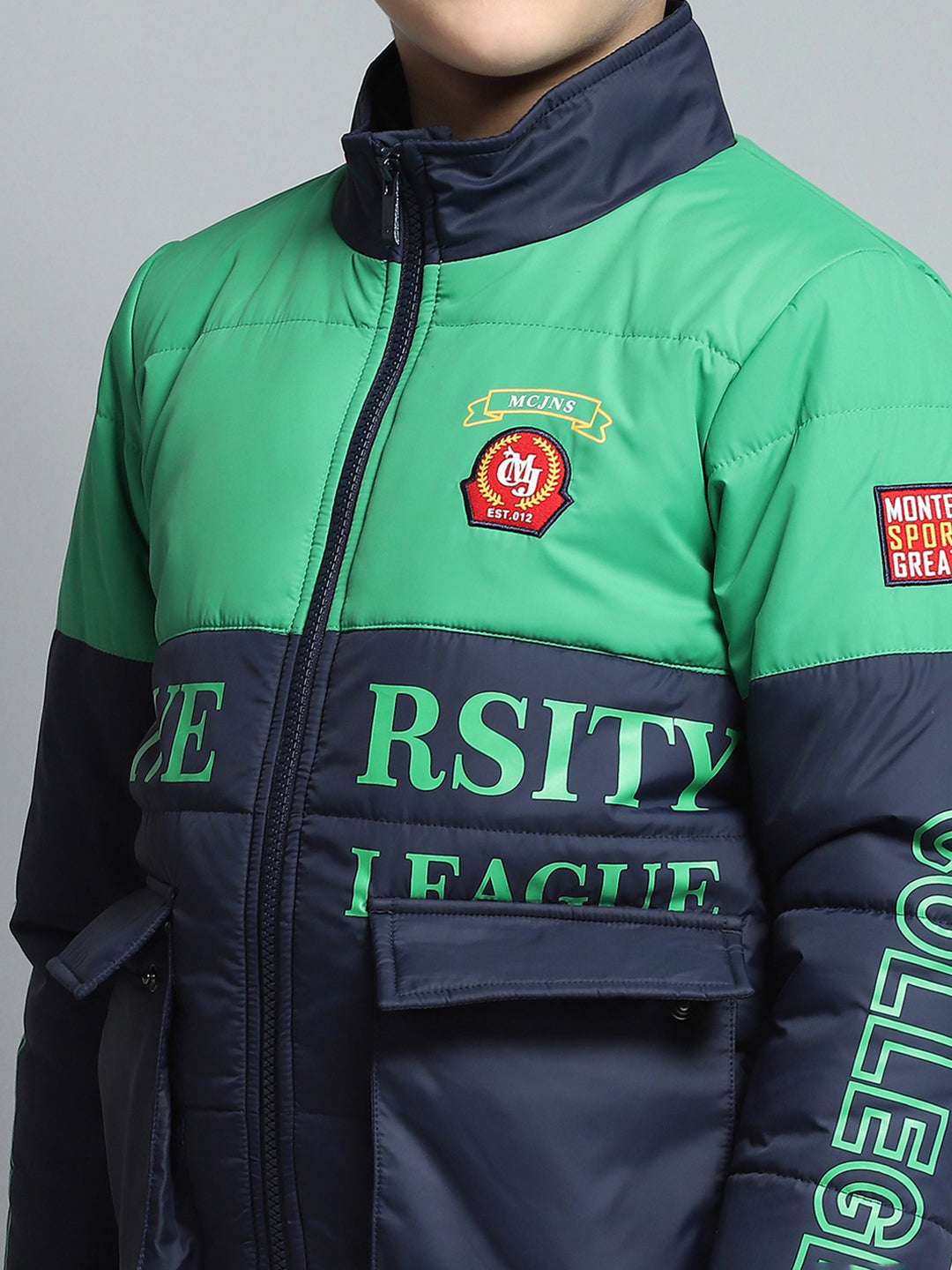 Boys Navy Blue Printed Mock Neck Full Sleeve Jacket