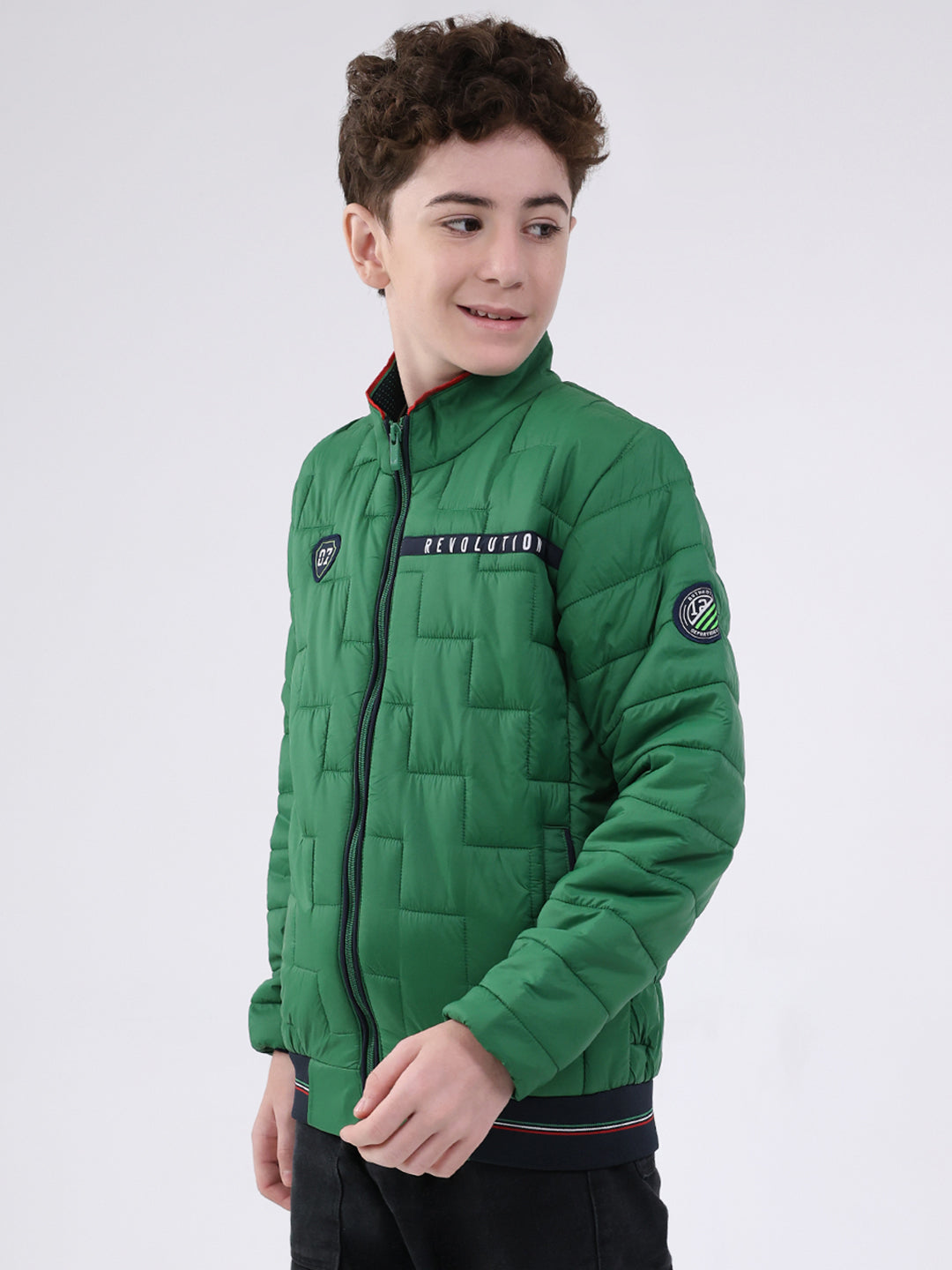 Boys Green Solid Mock Neck Full Sleeve Jacket