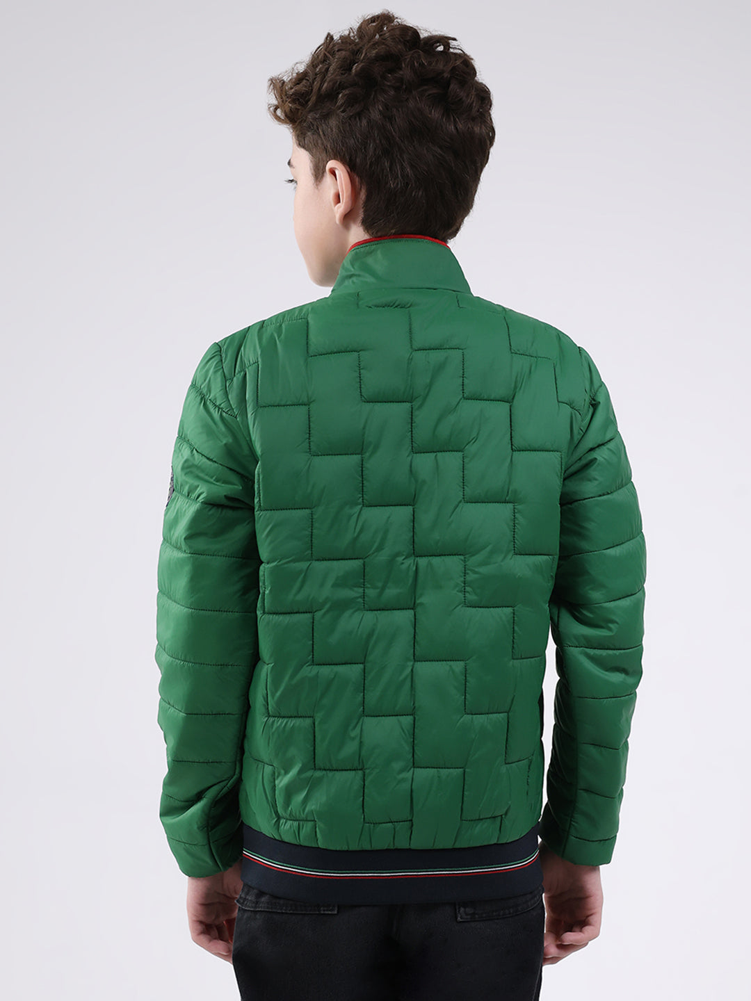 Boys Green Solid Mock Neck Full Sleeve Jacket