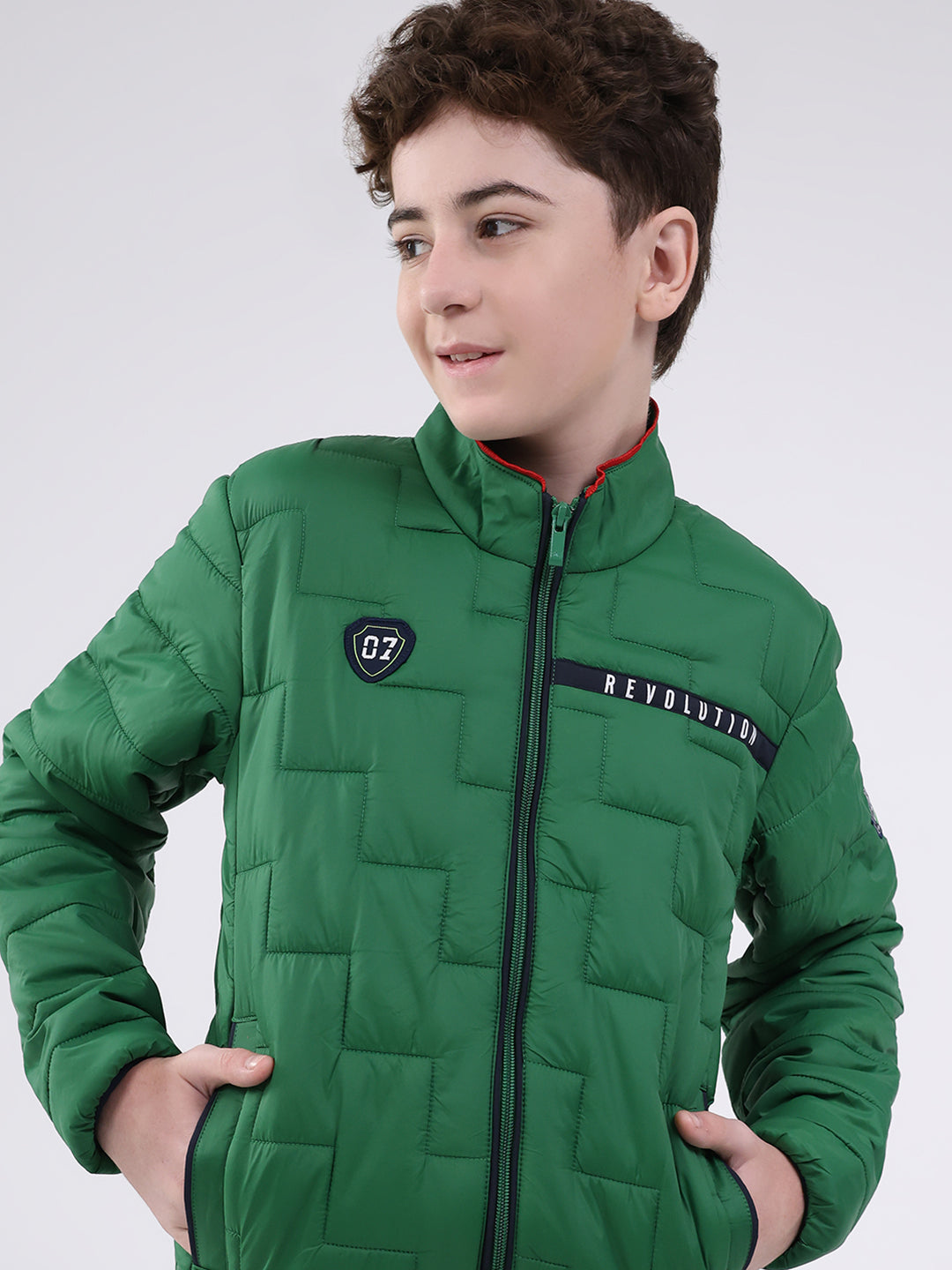Boys Green Solid Mock Neck Full Sleeve Jacket