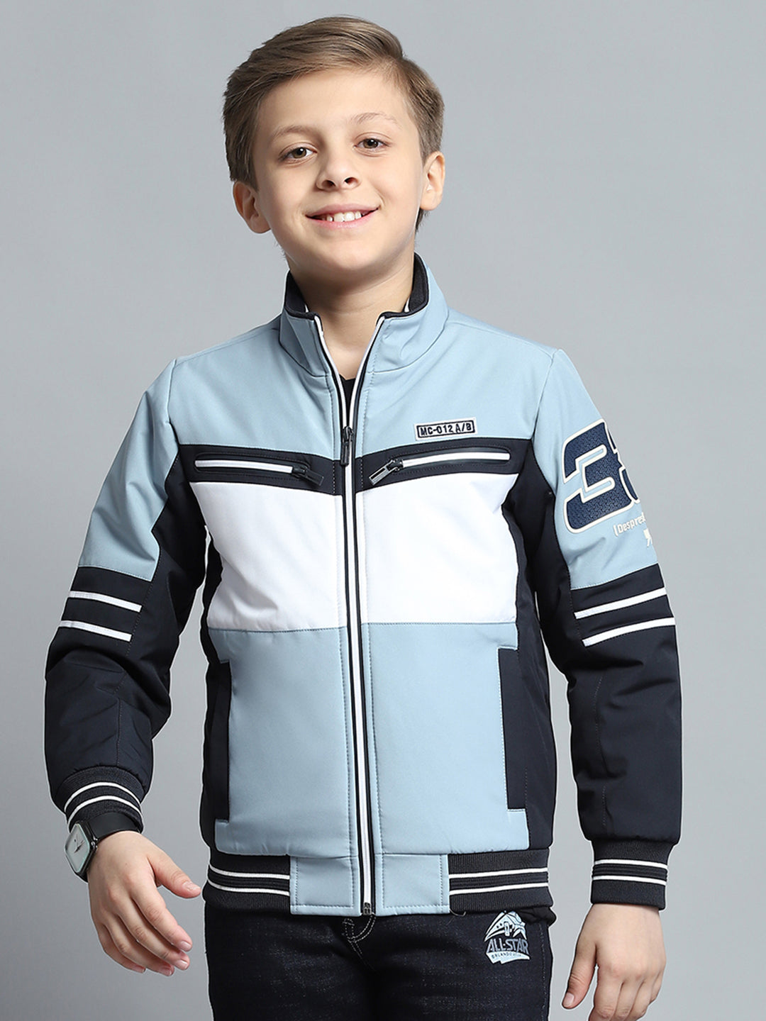 Boys Blue Printed Mock Neck Full Sleeve Jacket