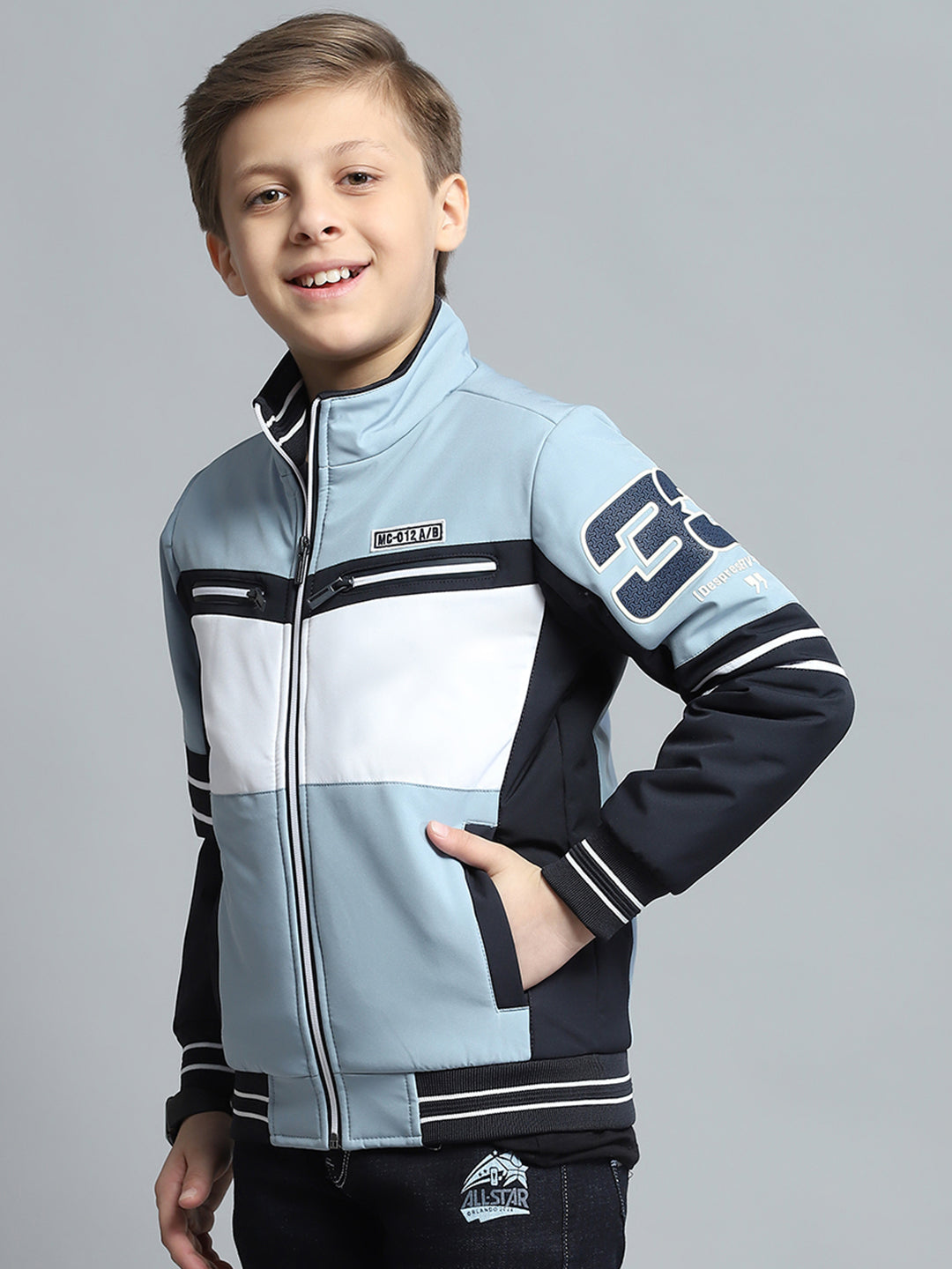 Boys Blue Printed Mock Neck Full Sleeve Jacket