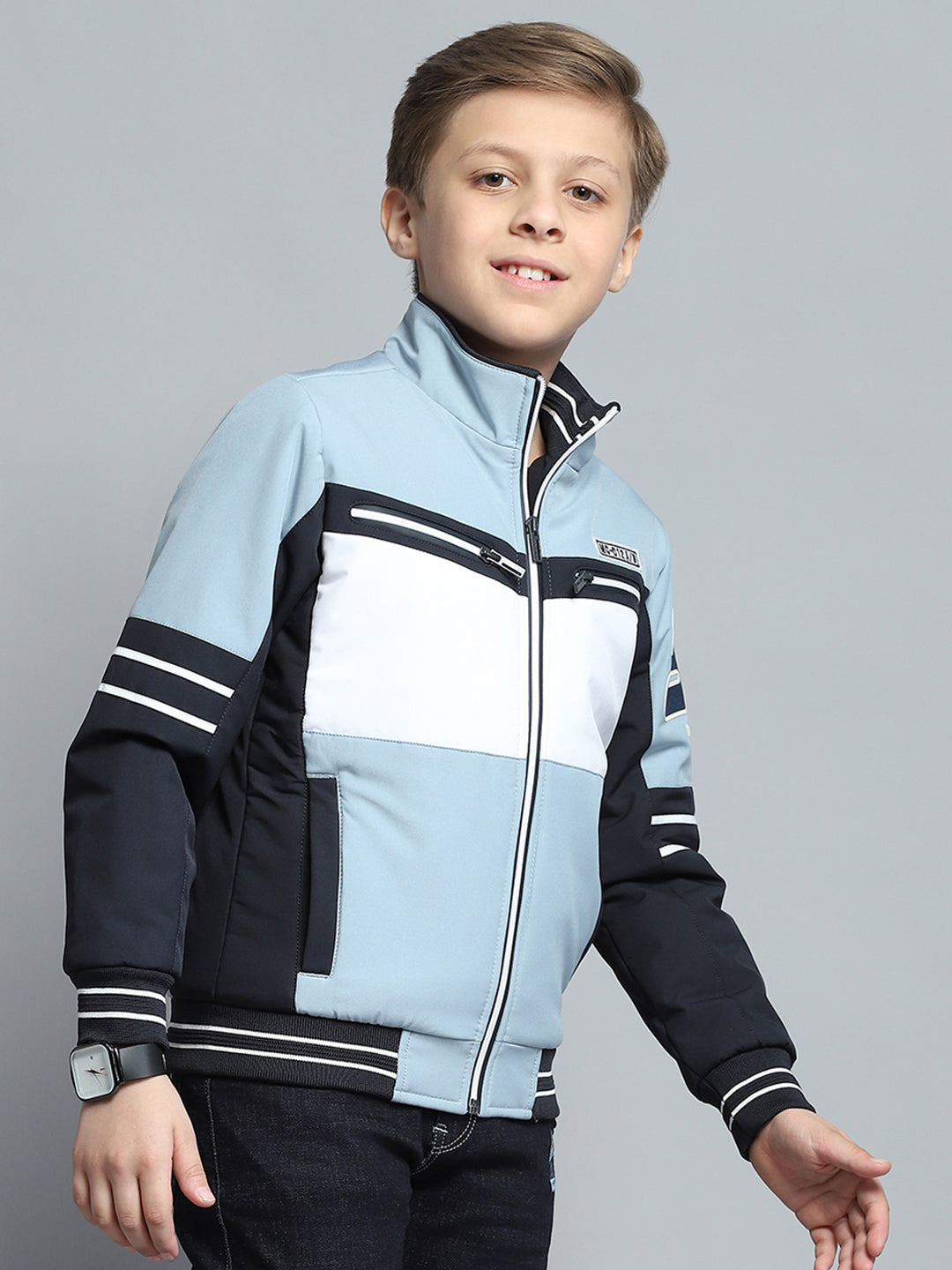 Boys Blue Printed Mock Neck Full Sleeve Jacket