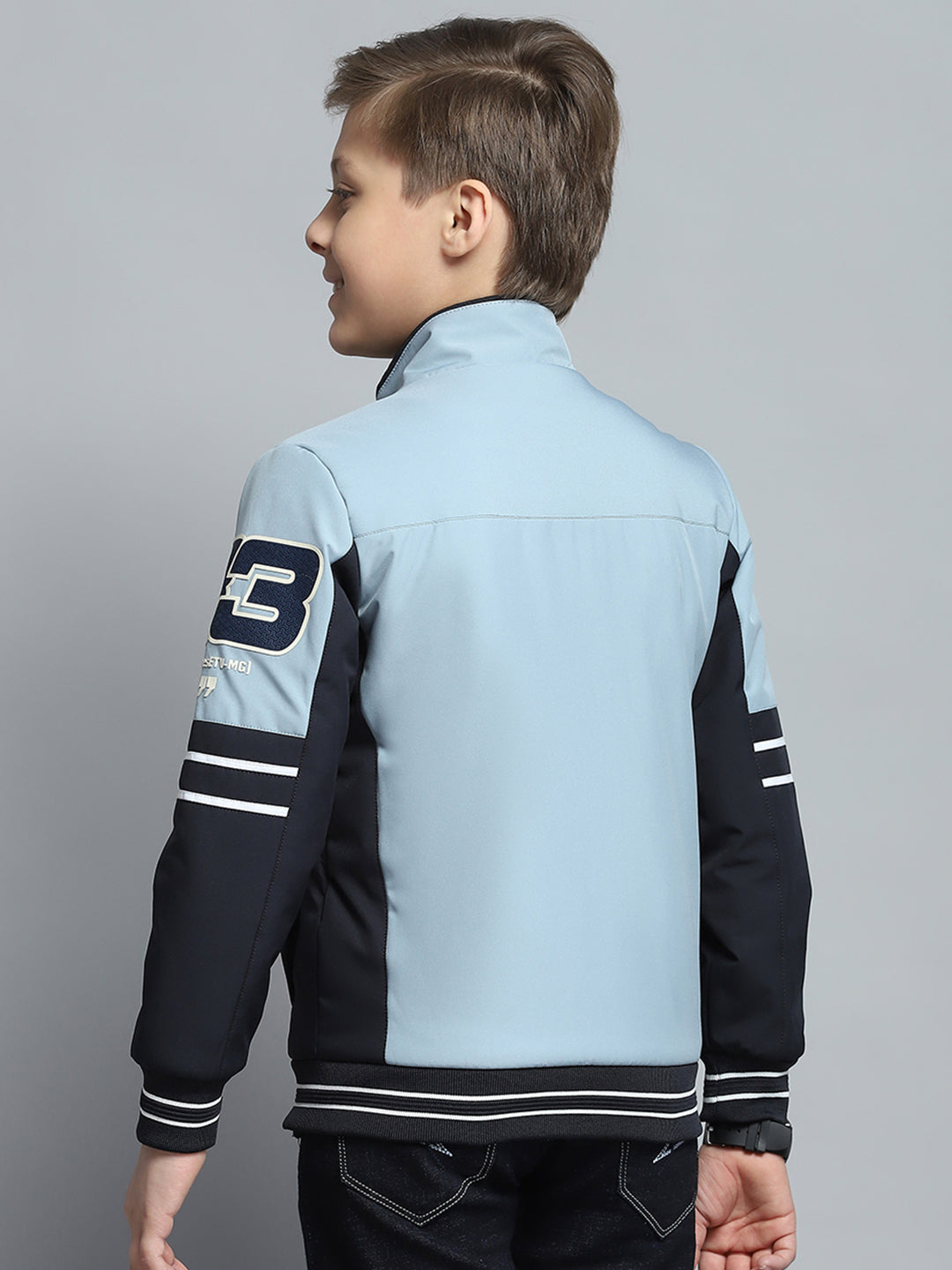 Boys Blue Printed Mock Neck Full Sleeve Jacket