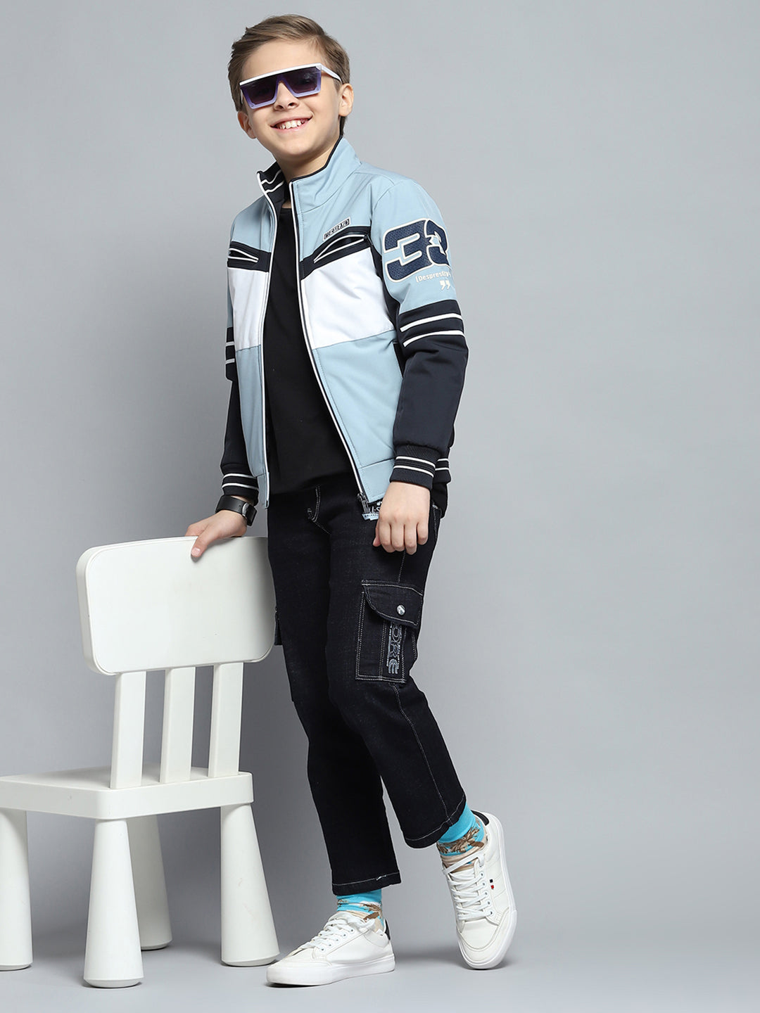 Boys Blue Printed Mock Neck Full Sleeve Jacket