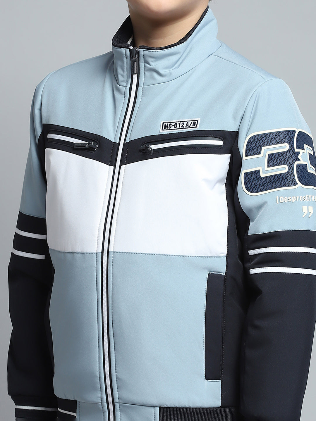 Boys Blue Printed Mock Neck Full Sleeve Jacket