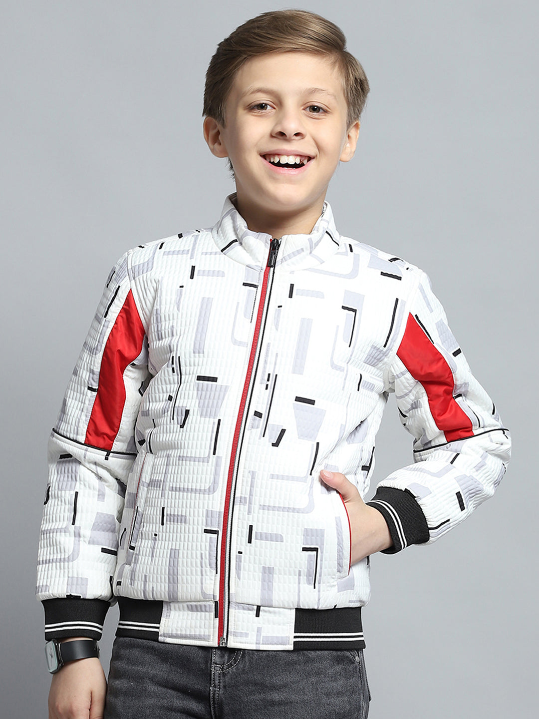 Boys White Printed Mock Neck Full Sleeve Jacket
