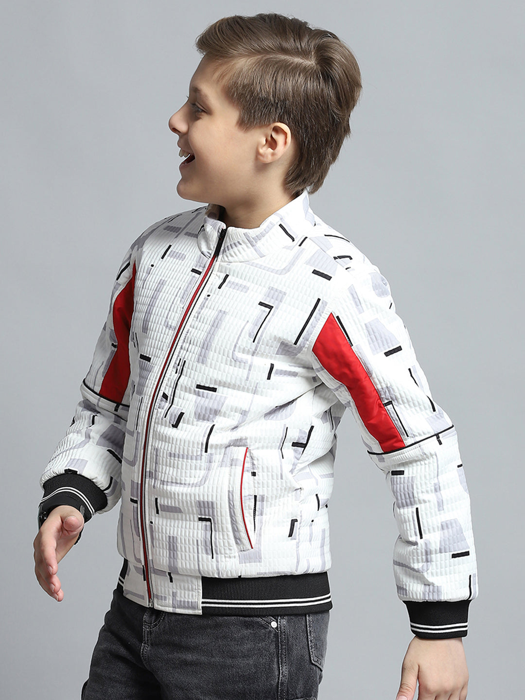Boys White Printed Mock Neck Full Sleeve Jacket