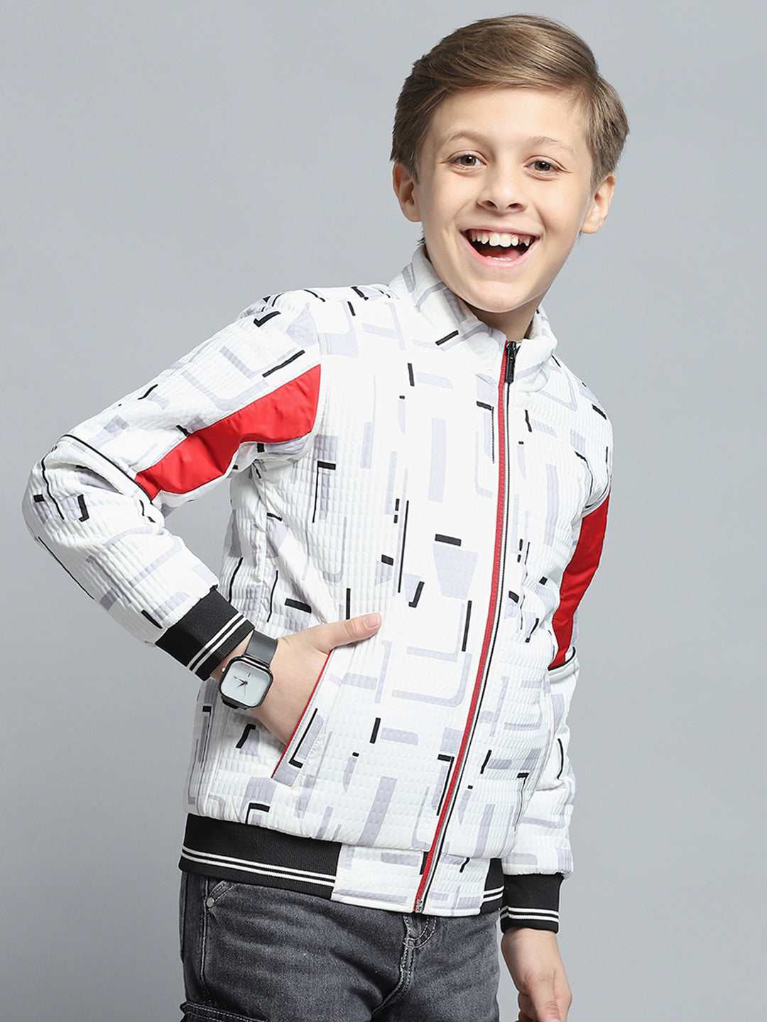 Boys White Printed Mock Neck Full Sleeve Jacket