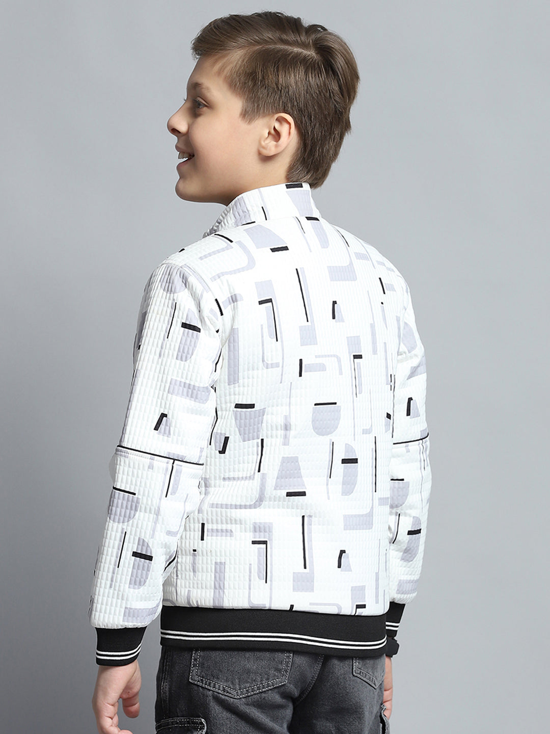 Boys White Printed Mock Neck Full Sleeve Jacket