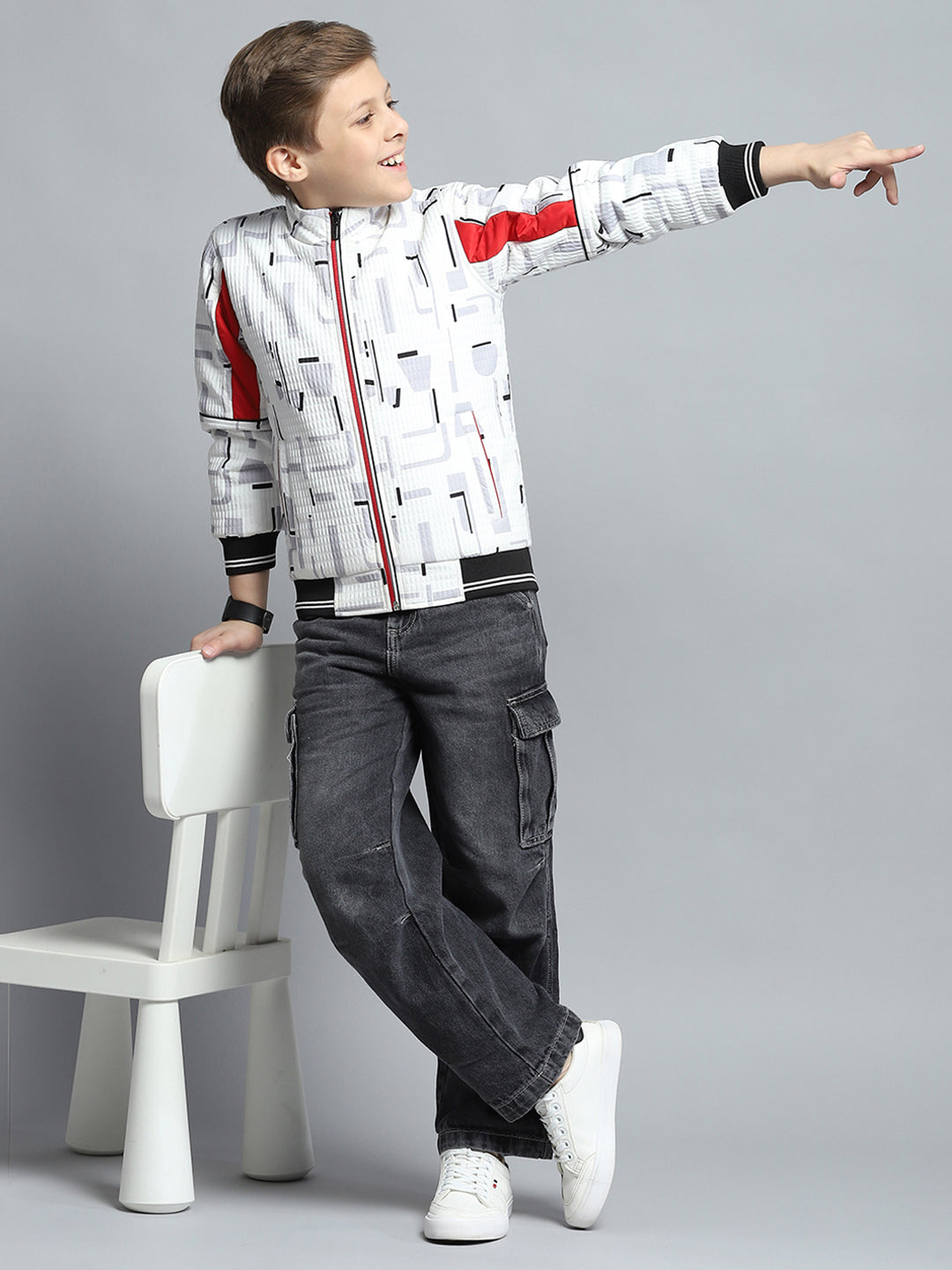 Boys White Printed Mock Neck Full Sleeve Jacket