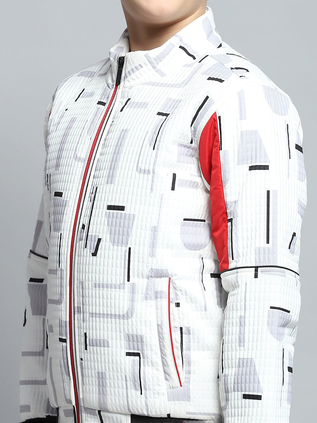 Boys White Printed Mock Neck Full Sleeve Jacket