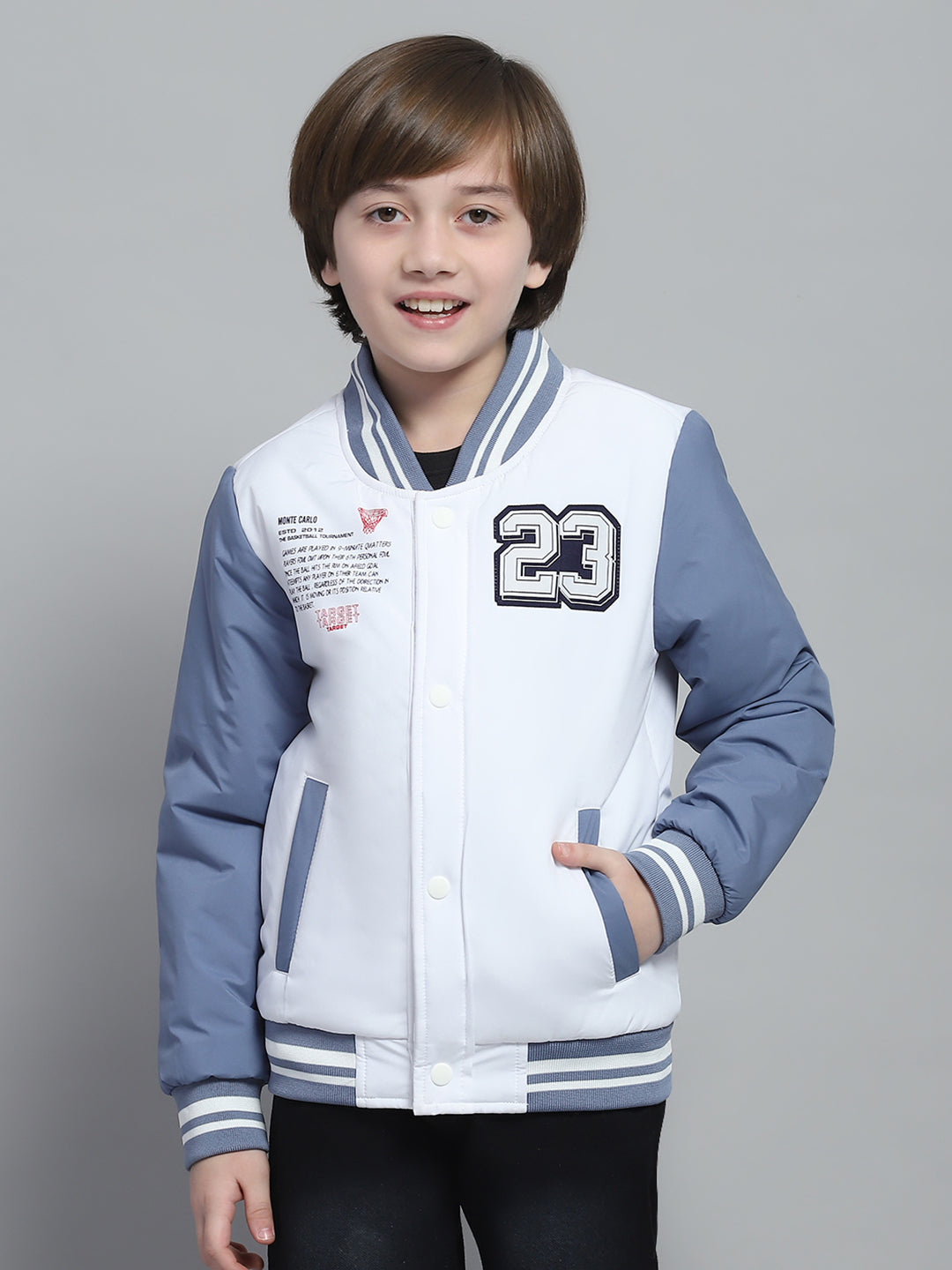 Boys White Printed Band Collar Full Sleeve Jacket