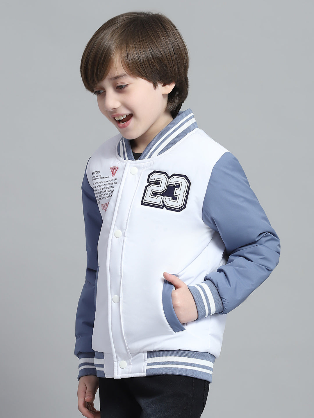 Boys White Printed Band Collar Full Sleeve Jacket