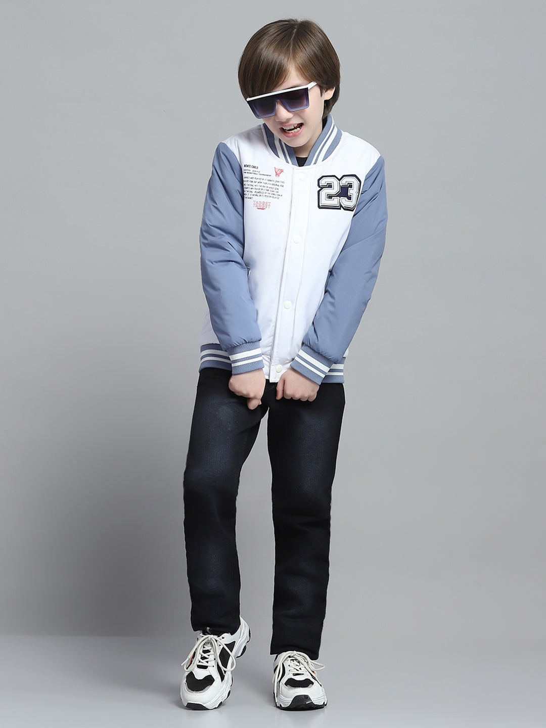 Boys White Printed Band Collar Full Sleeve Jacket